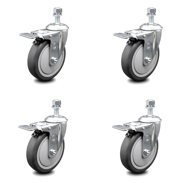 5 Inch Thermoplastic Rubber Swivel 10mm Stem Caster Set Total Lock Brake SCC